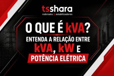 Arte da TS Shara com fundo preto e elementos gráficos em vermelho e branco. Ao centro, o título “O que é kVA?” e a chamada “Entenda a relação entre kVA, kW e potência elétrica”. Ao fundo, aparecem torres de transmissão e estruturas de uma rede elétrica, reforçando o tema de energia e potência elétrica.