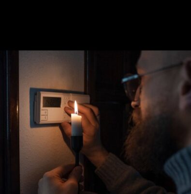 Fotografia em ambiente escuro mostrando uma pessoa iluminando com uma vela o termostato ou painel de controle fixado na parede, sugerindo falta de energia. A pessoa ajusta o aparelho enquanto segura a vela acesa próxima ao equipamento.