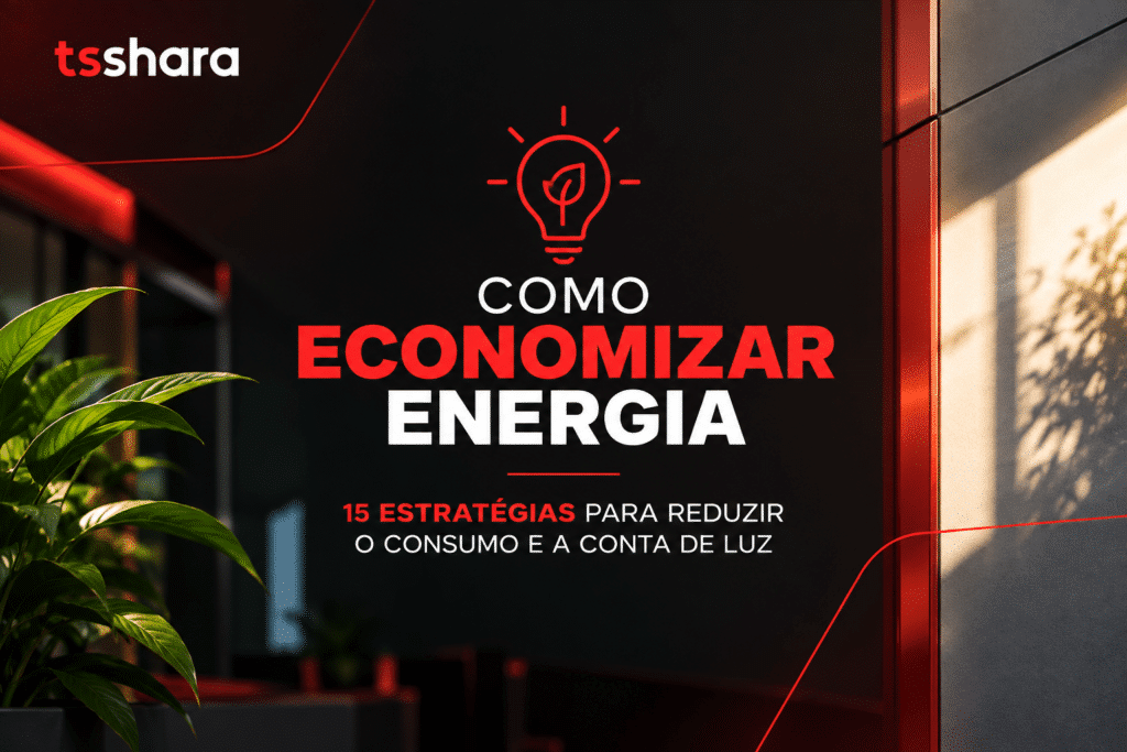 Arte da TS Shara em preto, vermelho e branco, com estética tecnológica. Logo no canto superior esquerdo, ícone de lâmpada sustentável ao centro e o título “COMO ECONOMIZAR ENERGIA”, seguido de “15 ESTRATÉGIAS PARA REDUZIR O CONSUMO E A CONTA DE LUZ”. Fundo corporativo moderno com iluminação e plantas.