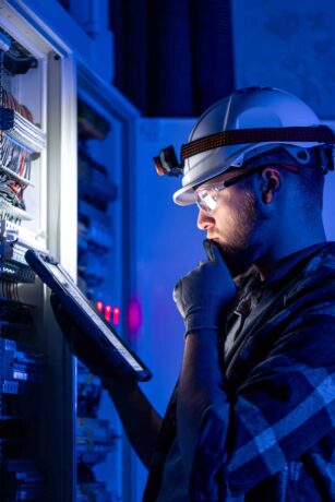 Eletricista com capacete de segurança, óculos de proteção e luvas inspecionando um painel elétrico industrial com o auxílio de um tablet, em ambiente iluminado por luzes azuis.